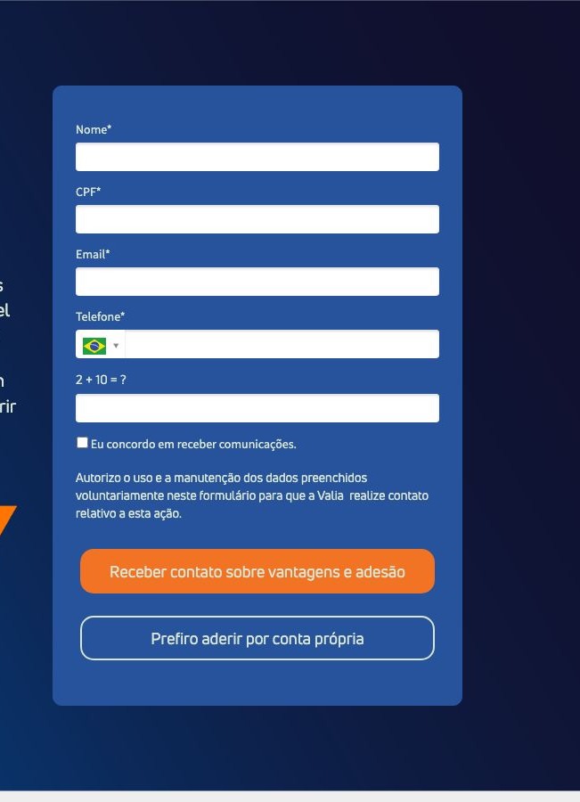 Landing page adesão Prevaler
